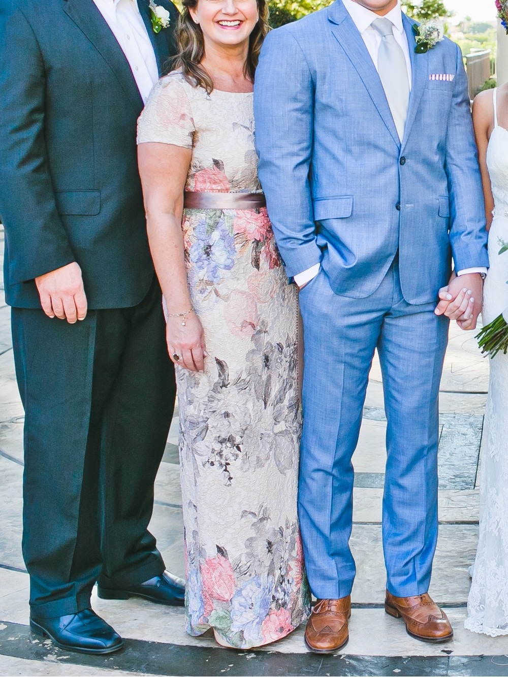 Adrianna Papell Cream Lace Maxi Dress with Coral and Lavender/blue Floral Panels
